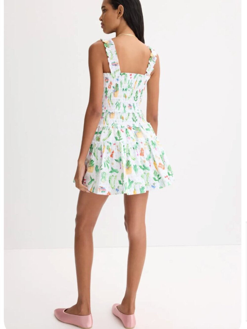 Floral Smocked Mini Dress in White and Green - Picture 4 of 8